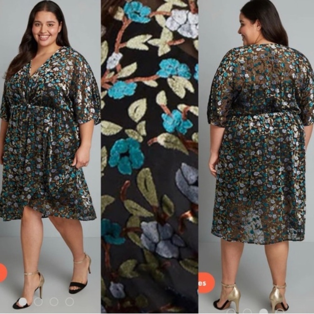 ModCloth Black Blue Burnout Velvet Faux Wrap Kaftan Midi Dress Size XL - Picture 2 of 10